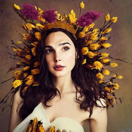 Image similar to fine art photo of the beauty gal gadot, she has a crown and a dress made of dried flowers done by oleg oprisco