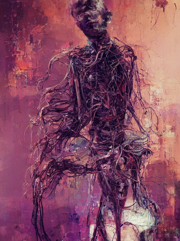 Prompt: a beautiful glitched painting by robert proch of a human anatomy study of the human nervous system, color bleeding, pixel sorting, copper oxide and rust materials, brushstrokes by jeremy mann, cold top lighting, pastel purple greeble background by atelier olschinsky