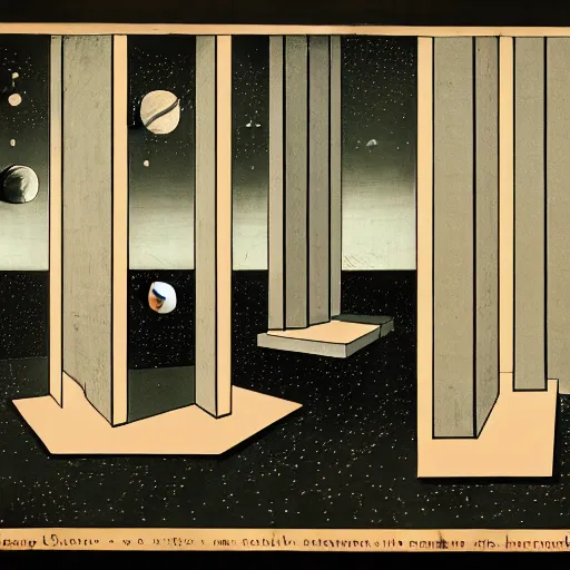 Image similar to a parade of disconnected images : obscure corners of nameless interiors, astronomical diagrams projecting the distances between celestial bodies, a painting by giorgio de chirico, a list of unpopular anagrams.