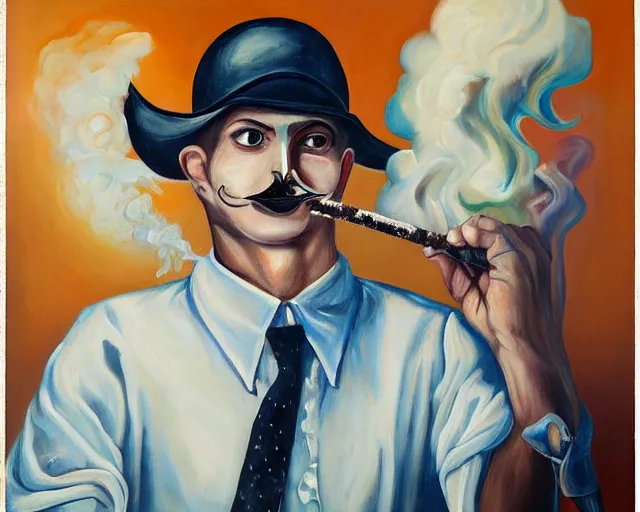 Prompt: a surreal painting of a young man with a horseshoe mustache smoking a joint