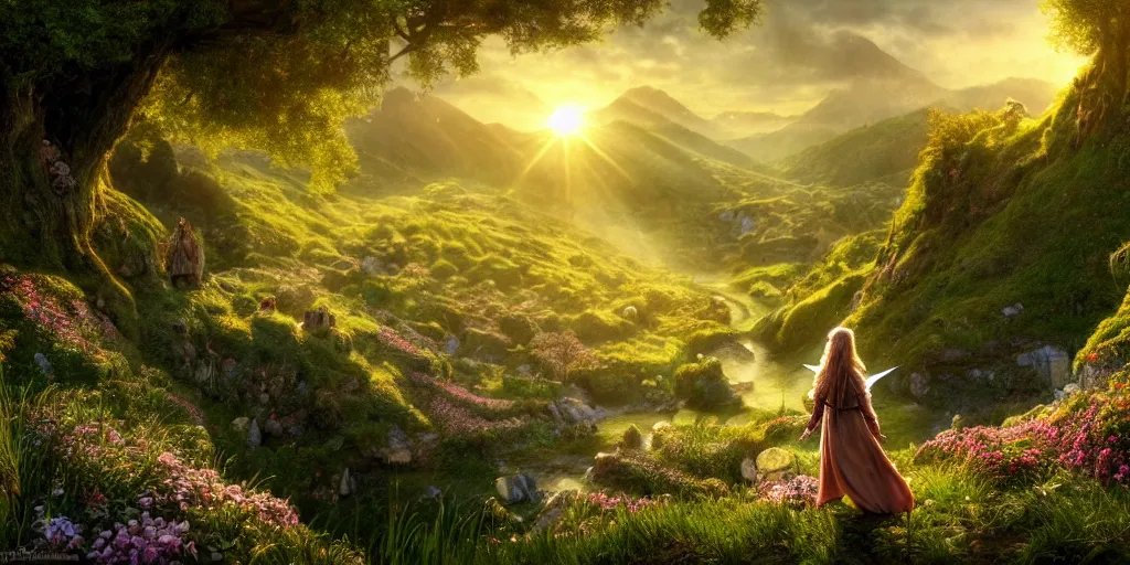 Image similar to a fairy in the lord of the rings scenery landscape, looking out at a vast lush valley flowers and homes made of mushrooms, mysterious ， stream, sunrise, wallpaper ， god's rays highly detailed, vivid color, cinematic lighting, perfect composition, 8 k, gustave dore, derek zabrocki, greg rutkowski, belsinski, octane render