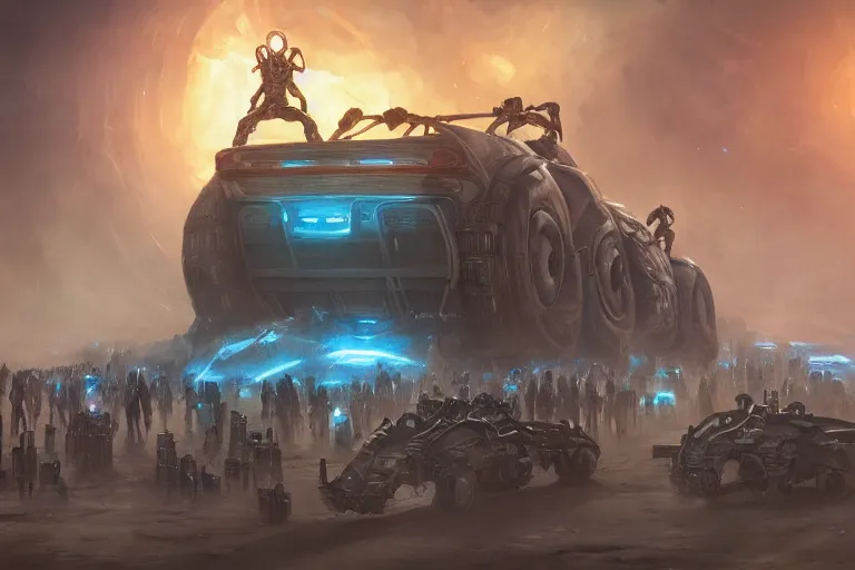 Image similar to ancient alien portral, a crowd of androids, in mad max style, stargate, coriolios rpg art style, full of details, dark sci - fi, cold blue colors, matte painting, artstation, 8 k, hyperrealistic, style of peter mohrbacher