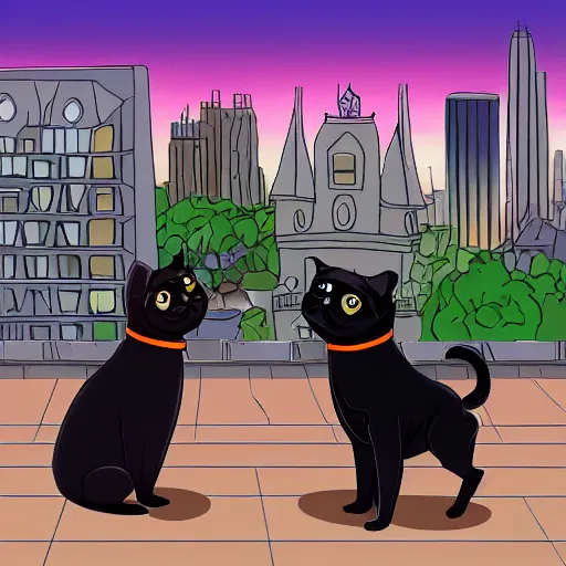 Image similar to a black cat and pug dog hold hands while looking at the city, detailed, contest winner, fursona, anthro, furry