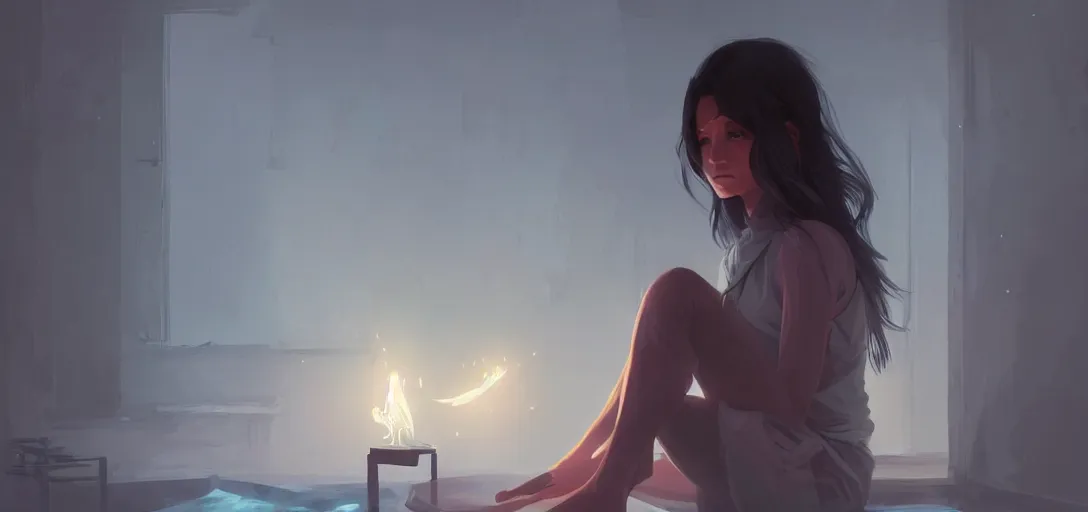 Image similar to Young Himalayan woman sitting concerned in an empty room with loneliness using psychic powers to make a lighter float| night time scene, plain walls |somber white eyes, long messy hair | gentle lighting, futuristic, dim lighting, digital art by Makoto Shinkai ilya kuvshinov and Wojtek Fus, digital art, concept art,