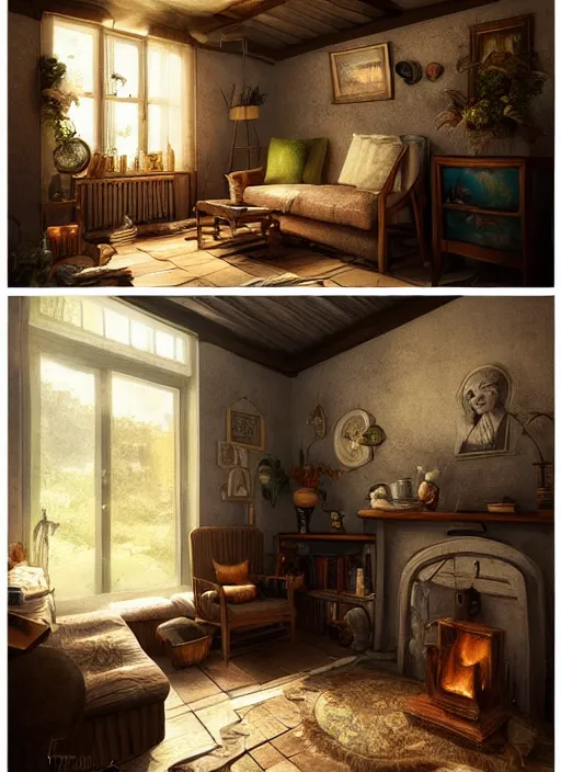 Image similar to beautiful interior of a cozy cottage, in the style of marco bucci, trending on artstation