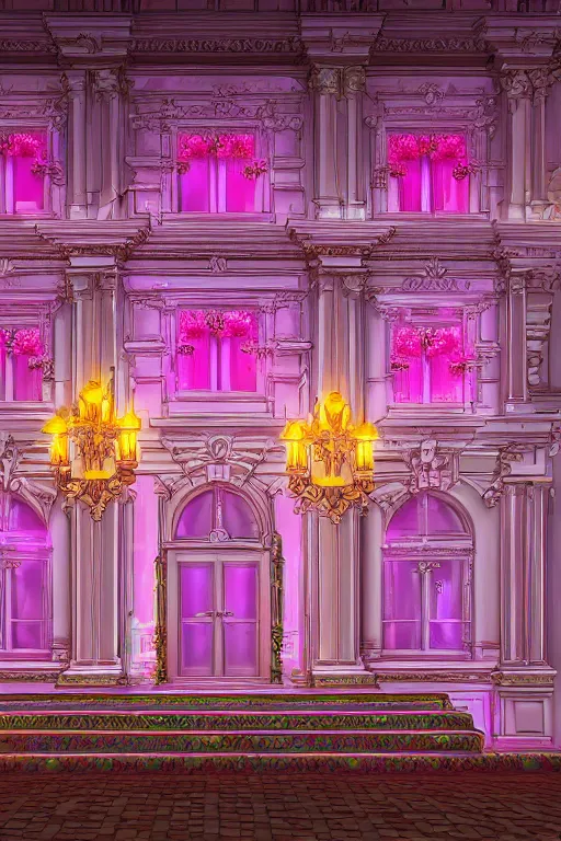 Prompt: Baroque style building full of roses, soft pastel neon lighting, highly detailed, photo realistic, volumetric lighting, cinematic