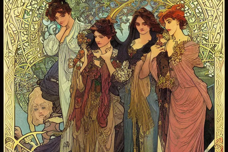 Prompt: a painting of magicians, outdoor, art by Walter Crane and Alphonse Mucha amd Ivan Bilibin, art nouveau, epic fantasty card game art, Beautiful, cinematic