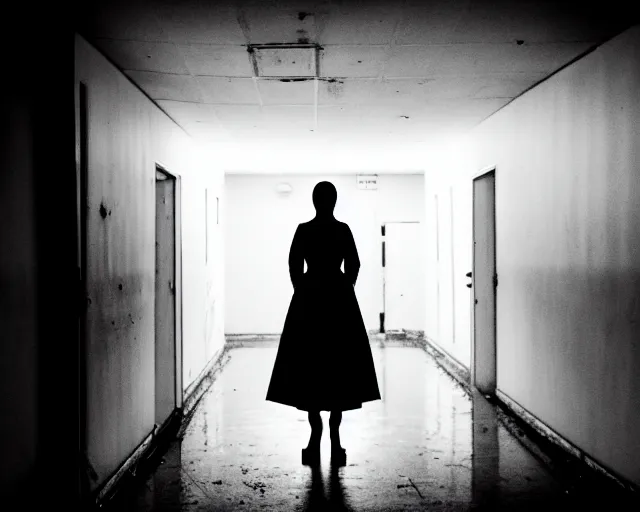 Prompt: creepy woman wearing white dress standing in the backrooms, psychological horror, the eerie forlorn atmosphere of a place that's usually bustling with people but is now abandoned and quiet, buzzing fluorescent lights above the ceiling, unsettling images, liminal space, dark
