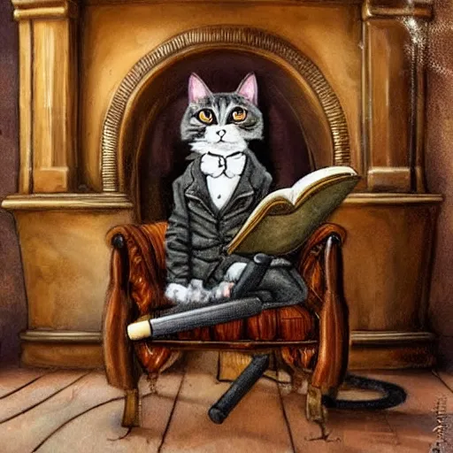 Image similar to steampunk cat sits in a chair in front of a fireplace in a book lined room and smokes a pipe. realistic and detailed