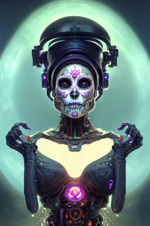 Image similar to ultra detailed, female android, scifi, fantasy, octane render, ( dia de los muertos, triadic color scheme, asymmetrical, intricate detailed, global illumination, concept art, art by godmachine and michael welan and rossdraws and artgerm and greg rutkowski and alphonse mucha and loish and wlop. 8 k, hdr