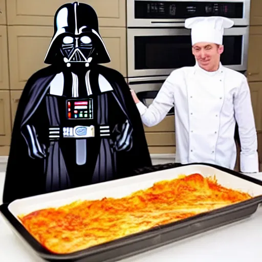 Image similar to darth vader cooking lasagna, cooking show