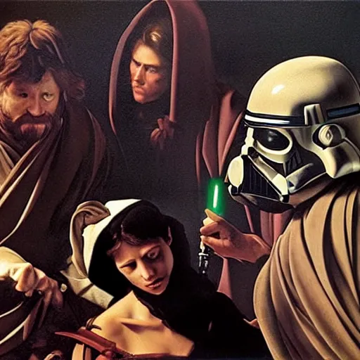 Image similar to a caravaggio artwork film still of star wars, artwork by caravaggio