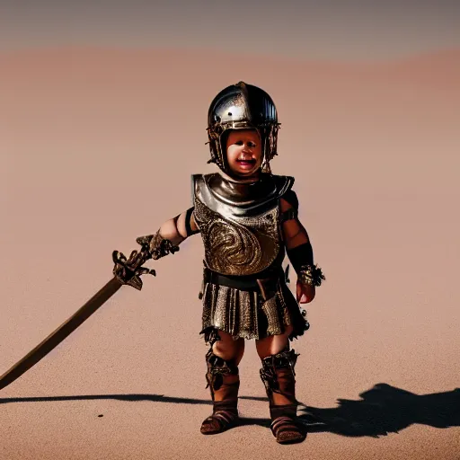 Image similar to cinematic shot of a cute baby wearing ancient roman armor and holding a sword in a desert, 8 k, very detailed, very intricate,