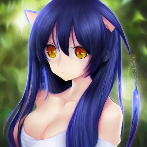 Prompt: A portrait of an anime catgirl with black hair and blue eyes, trending on pixiv, digital art