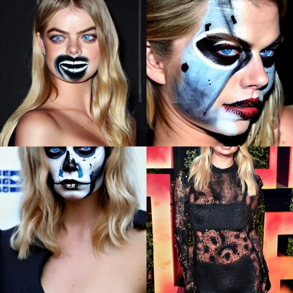 Prompt: Samara Weaving with skull paint on her face, full body, holding a shotgun