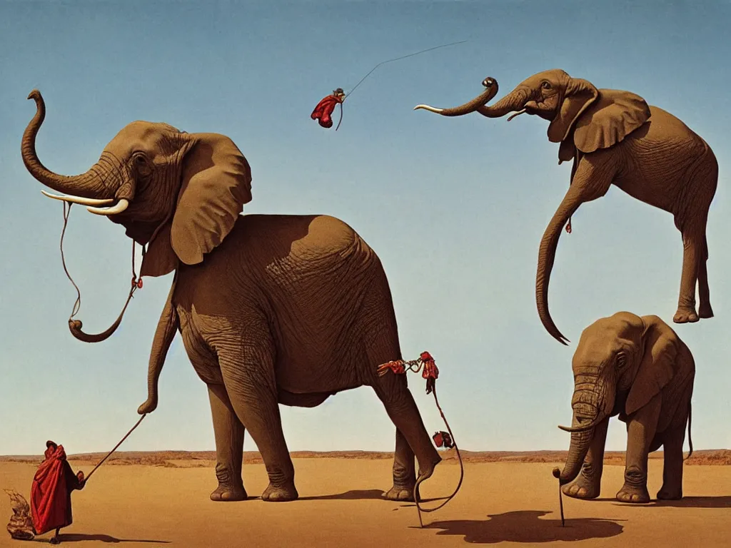 Image similar to Elephant tied to a pole in the desert with giant red mounds. Painting by Moebius, Walton Ford