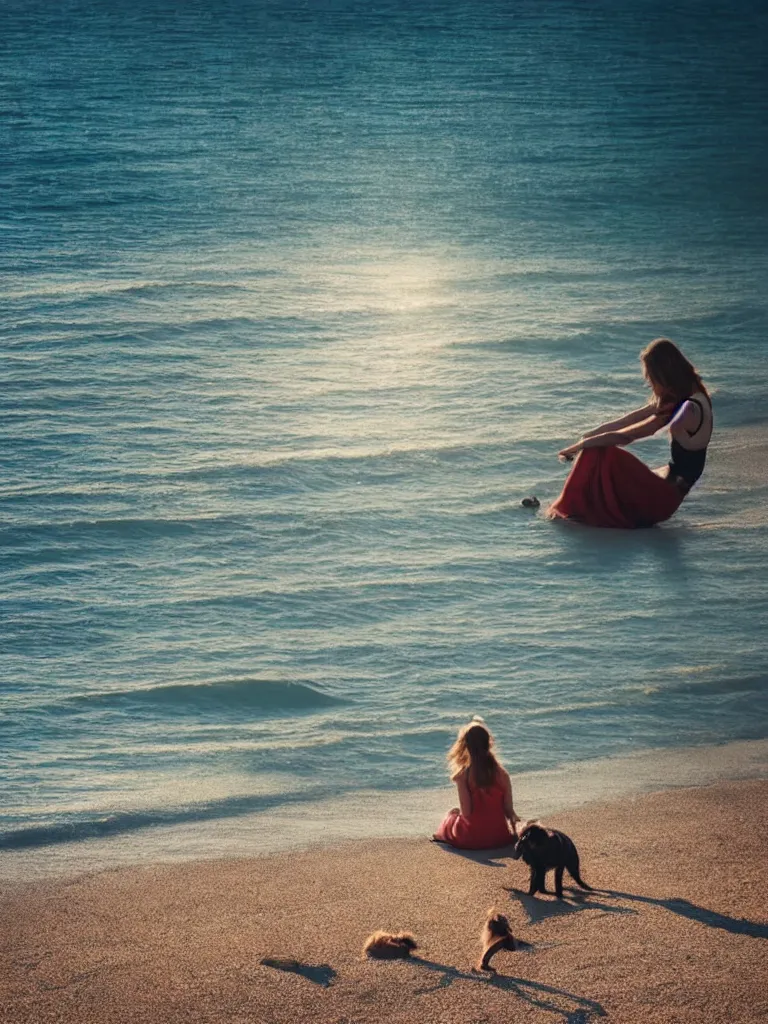 Prompt: a woman sitting on the beach with a dog, a stock photo by oleg oprisco, shutterstock contest winner, romanticism, stock photo, stockphoto, sunrays shine upon it