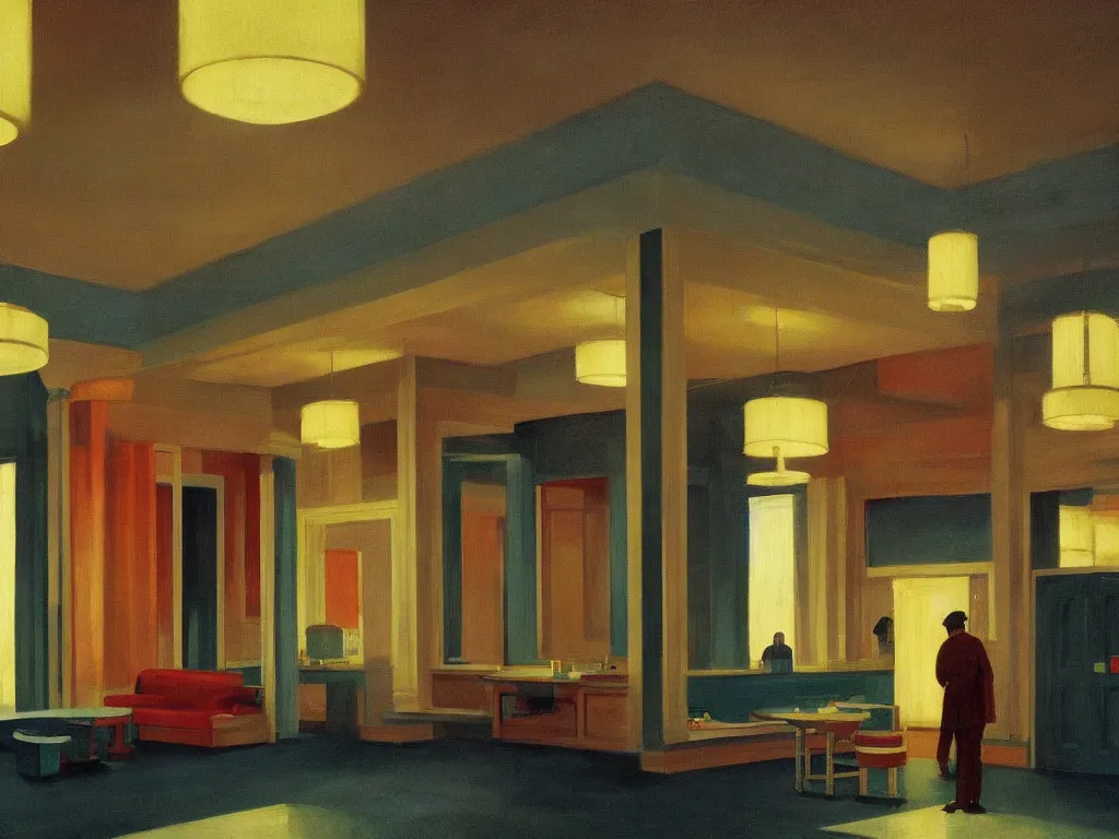 Prompt: the shinning hotel lobby, 70s, americana vibrant colors, dim, dark, lone silhouette in the distance, cinematic, ultra view angle view, realistic detailed painting by edward hopper