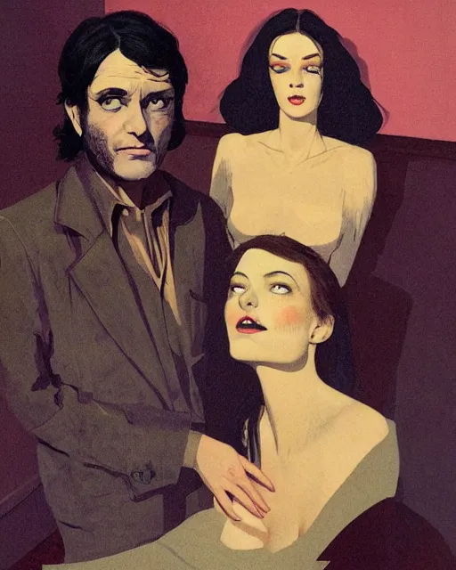 Prompt: a pulp illustration of a man and a woman who are beautiful but creepy, wearing oxford shirts in layers of fear, with haunted eyes and dark hair, 1 9 7 0 s, seventies, wallpaper, a little blood, morning light showing injuries, delicate embellishments, painterly, offset printing technique, by brom, robert henri, walter popp