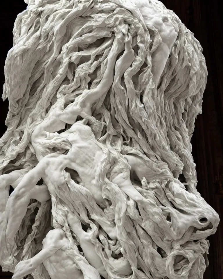 Prompt: Epic view of intricate stained bear-man multiple faces looking backwards using a silver veil statue sculpted on white marble by Antonio Corradini, Bernini and Nicola Samori