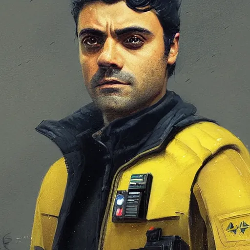 Image similar to portrait of a man by greg rutkowski, he looks like oscar isaac, star wars expanded universe, he is about 3 0 years old, wearing yellow and black starfighter pilot uniform from the galactic triunvirate.