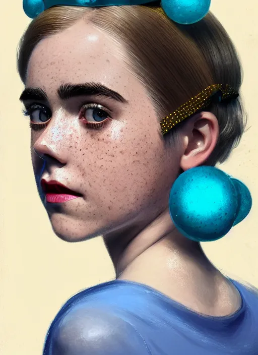 Image similar to portrait of kiernan shipka with freckles, white hair, big 1 9 6 0 s bob hairstyle with bangs and hairband, blue 1 9 6 0 s dress, intricate, elegant, glowing lights, highly detailed, digital painting, artstation, concept art, smooth, sharp focus, illustration, art by wlop, mars ravelo and greg rutkowski