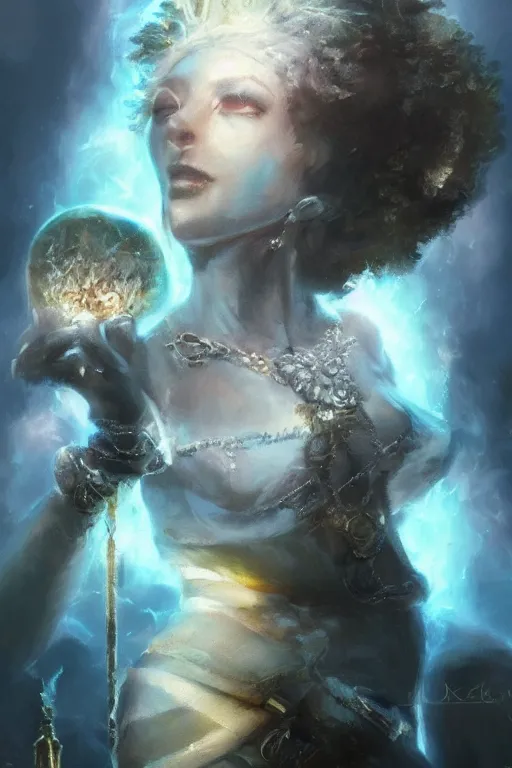 Image similar to Stunning concept art portrait of goddess with gorgeous afro holding a glowy lamp, highly detailed afrofuturism style, evening ambience, sharp, well focused, volumetric soft lighting, artstation HD, 8K