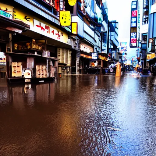 Prompt: an chocolate liquid melting from sky and flooding the street of tokyo