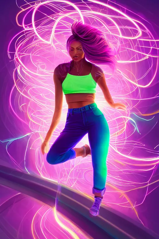 Image similar to a award winning half body portrait of a beautiful woman in a croptop and cargo pants with ombre purple pink teal hairstyle with head in motion and hair flying, surrounded by whirling illuminated lines, outrun, vaporware, shaded flat illustration, digital art, trending on artstation, highly detailed, fine detail, intricate