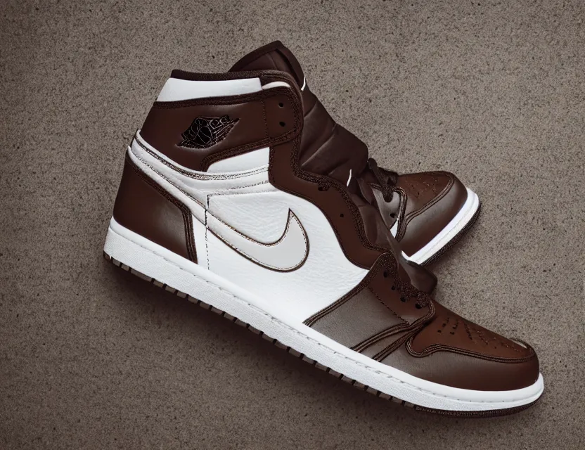 Prompt: a press photograph of nike jordan 1 mocha, size 1 0, white background