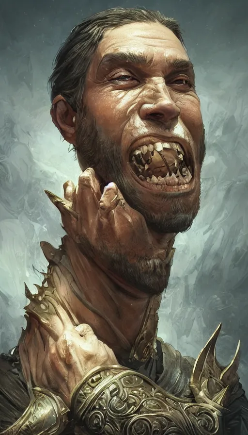 Prompt: ugly smile, king of bandits, rough, fame of thrones, lord of daggers, neon, fibonacci, sweat drops, insane, intricate, highly detailed, digital painting, artstation, concept art, smooth, sharp focus, illustration, Unreal Engine 5, 8K, art by artgerm and greg rutkowski and alphonse mucha