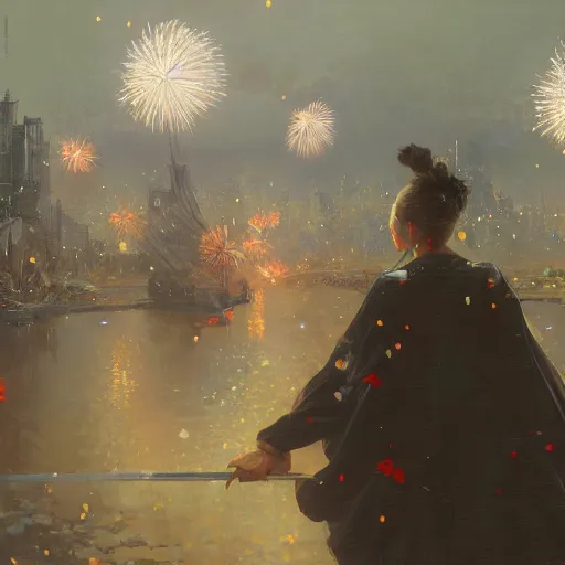 Prompt: a beautiful realistic painting of a firework festival at night time koyosan, intricate, elegant, highly detailed, digital painting, artstation, nier automata concept artsyle, by krenzcushart, artem demura, makoto shinkai, alphonse mucha