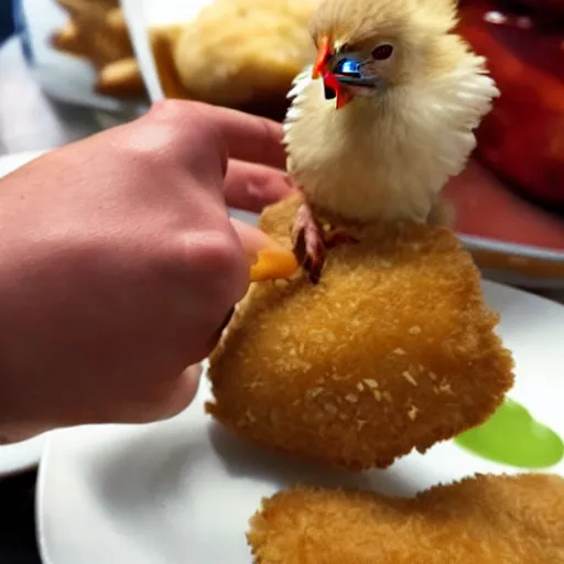 Prompt: chicken eating a chicken nugget