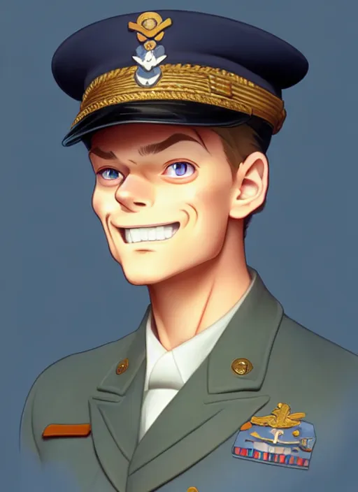 Image similar to cute navy officer martin clunes, natural lighting, path traced, highly detailed, high quality, digital painting, by don bluth and ross tran and studio ghibli and alphonse mucha, artgerm