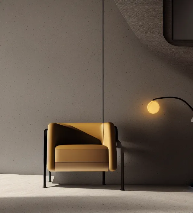 Prompt: a brutalist leather armchair with neon light edges in a dark concrete room, intricate details, octane render