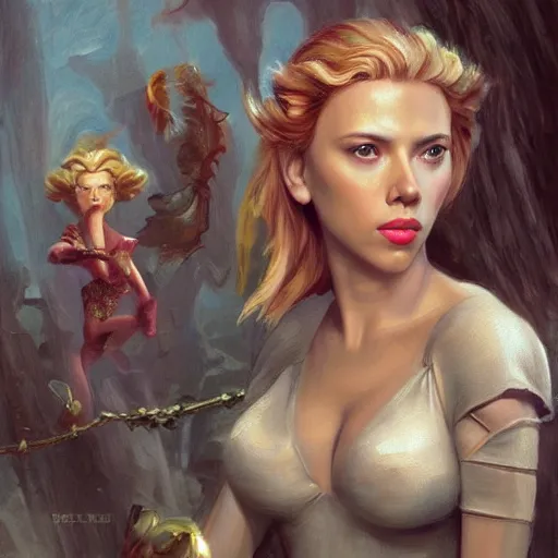 Image similar to a movie still frame, of scarlett johansson as a female elf, oil on linen, beautiful painting, by tooth wu, artgerm, fantasy concept art portrait, by bayard wu,