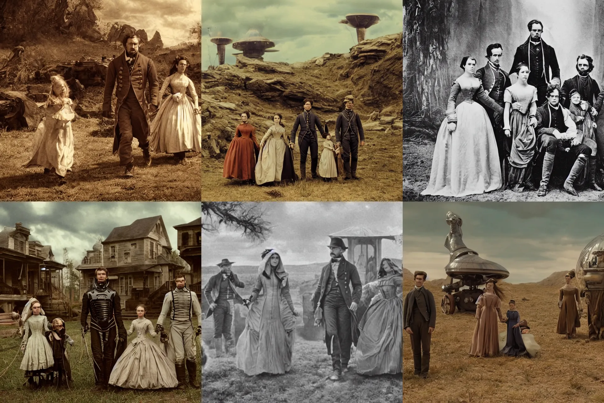 Prompt: film still from a sci fi blockbuster movie, set in 1860, of a family leaving a spaceship, that has just landed on an alien planet, wearing 1850s era clothes, good lighting, 4k, HD, in focus, clear faces