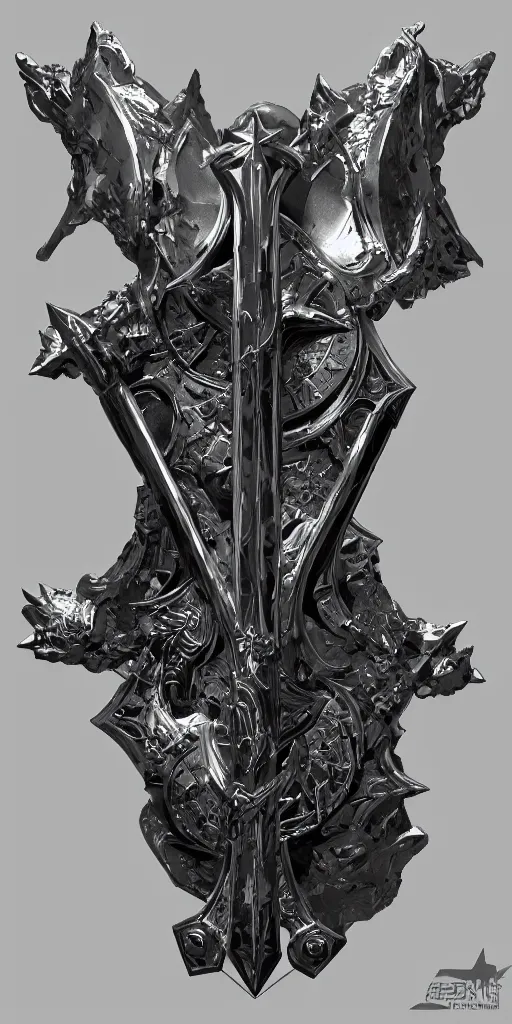 Image similar to a black and silver sword skull crest, ornament, weapon, a 3 d render by dom qwek, front side, concept art, trending on polycount, artstation, hard surface modeling, rendered in maya, zbrush, hd, vray, blizzard, symmetry