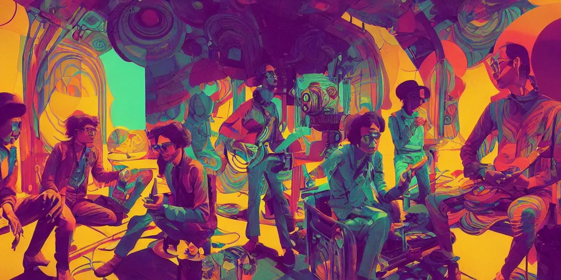 Image similar to duotone trippy 1 9 6 0 s lsd concept illustration of psychedelic hippy musicians. volumetric lighting. golden ratio accidental renaissance. by sachin teng and sergey kolesov and ruan jia and heng z. graffiti art, scifi, fantasy, hyper detailed. octane render. concept art. trending on artstation.