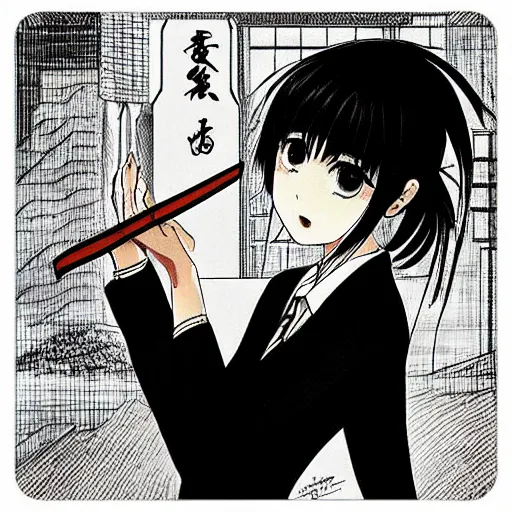 Prompt: “Detailed manga art of a beautiful Japanese girl holding a knife; loving expression; school uniform; high contrast; clean, sharp”