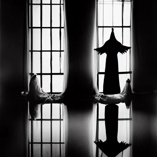 Image similar to nightmare vision, short depth of field. black and white, award winning photo of smiling levitating twin nuns, wearing translucent sheet, Mary in a sanctuary, mirror hallways, eerie, tall columns, frightening —width 1024 —height 1024