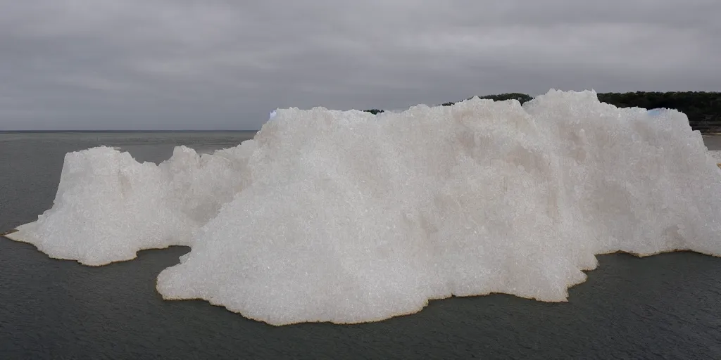 Prompt: an island made of steep salt crystal cliffs