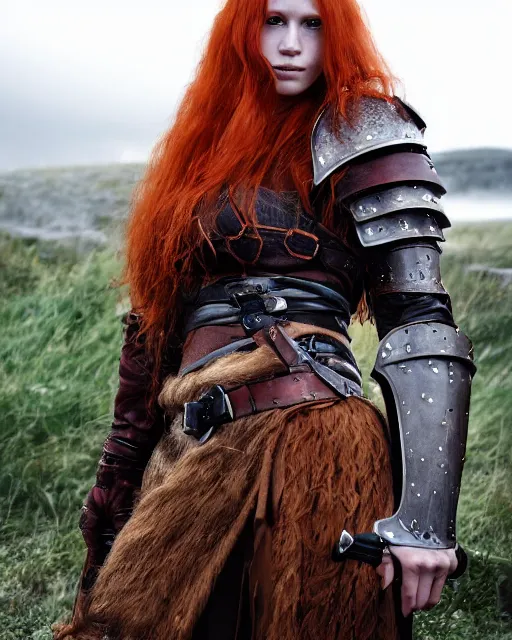 Image similar to north adult female warrior, red hair, ginger hair, long hair, fantasy, female Viking, high detailed, photography, cloudy, lightweight leather armour, Scandinavia, plain, detailed face, beautiful face, beautiful girl, look into the distance, professional model, glowing skin, serious face, full body,in full growth, professional photographer, masterpiece, 50 mm, 8k, 3D