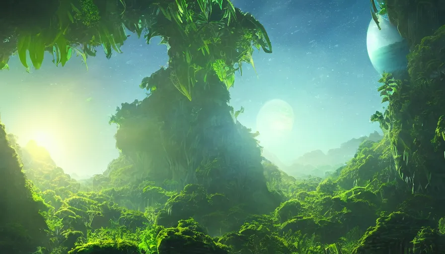 Prompt: Alien planet with a blue jungle and a green sun, hyperdetailed, artstation, cgsociety, 8k