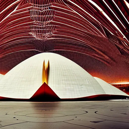 Prompt: futuristic lotus temple space station with gold, red and white marble panels, by zaha hadid and buckminster fuller and syd mead, intricate contemporary architecture, photo journalism, photography, cinematic, national geographic photoshoot