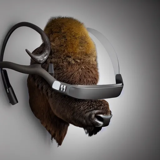 Prompt: hunting trophy in the form of a bison, head dressed in oculus vr, nailed to the wall,