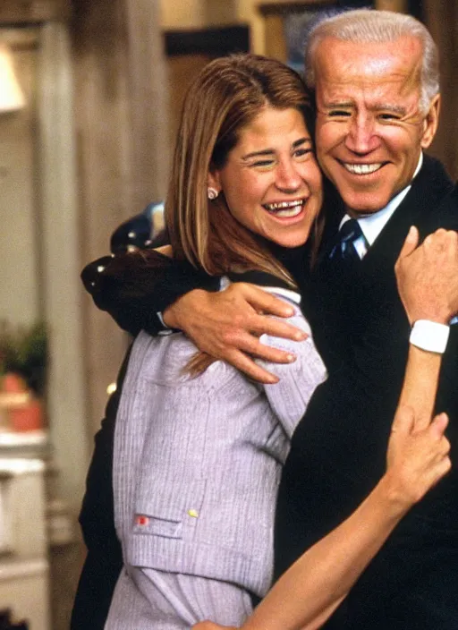 Image similar to film still of joe biden hugging rachel green in the show friends