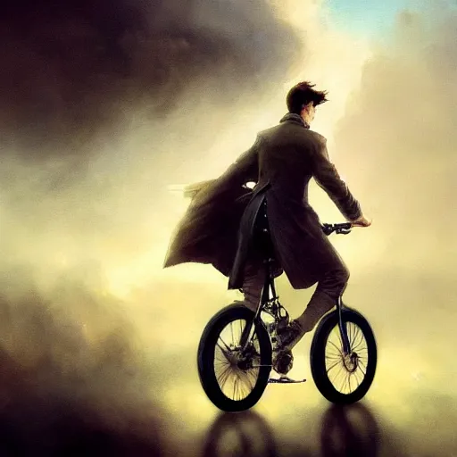 Image similar to cinematic shot epic portrait david tennant riding a bicycle in the streets, atmospheric, cloudy, broad light, ambient occlusion, volumetric light effect, made by ivan aivazovsky, peter mohrbacher, greg rutkowski, ross tran, matte painting, trending on artstation, 4 k, perfectly defined features, digital painting, cinematic, epic, highly detailed,