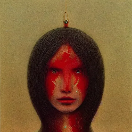 Prompt: portrait of a woman with red skin and white long hair, golden ornament jewelry, pieces of black ash floating in the air, surreal painting by Beksinski,