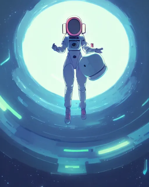 Prompt: a cute thicc astronaut alien girl, floating through black empty space, backlit, epic photo ， by makoto shinkai an krenz cushart